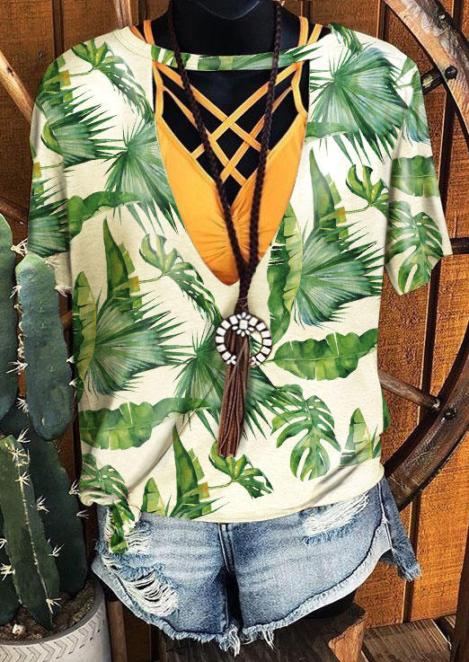 

Palm Leaf Keyhole Neck Casual Blouse - Green, 501506