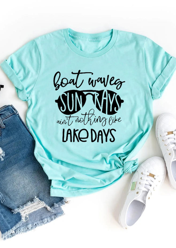 

Boat Waves Sun Rays Ain't Nothing Like Lake Days T-Shirt Tee - Cyan, 501544