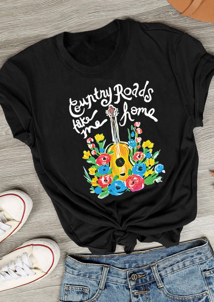 

Country Roads Take Me Home Floral Guitar T-Shirt Tee - Black, 501551