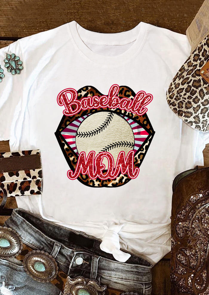

Baseball Mom Leopard Lips O-Neck T-Shirt Tee - White, 501561