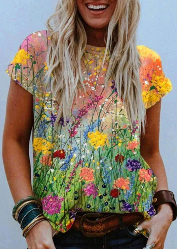 

Floral Oil Painting O-Neck Blouse, Multicolor, 501591