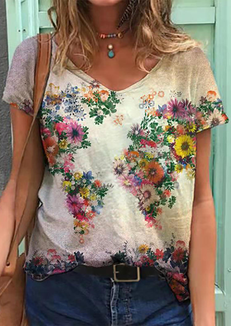 

Floral Oil Painting V-Neck Loose Blouse, Multicolor, 501638