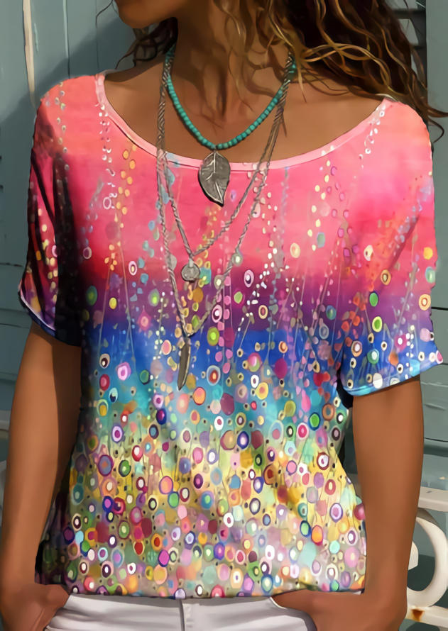 

Gradient Geometric O-Neck Blouse, Multicolor, 501657