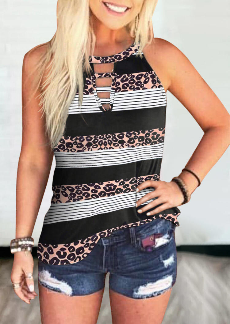 

Leopard Striped Splicing Keyhole Neck Tank, Stripe, 501667