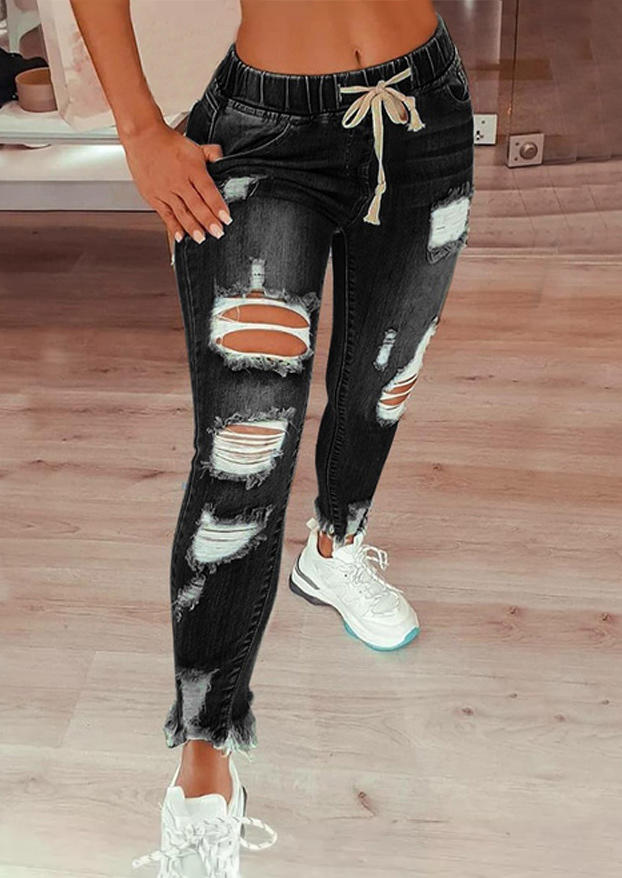 

Ripped Hole Distressed Pocket Drawstring Denim Jeans - Black, 501744