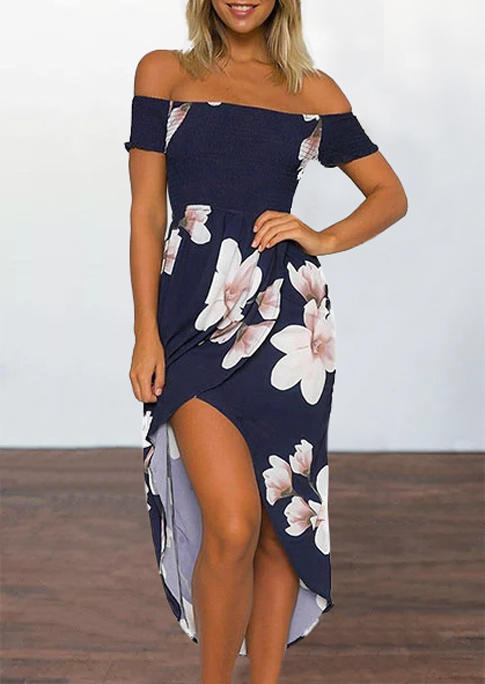 

Floral Strapless Off Shoulder Slit Asymmetric Midi Dress - Navy Blue, 501576