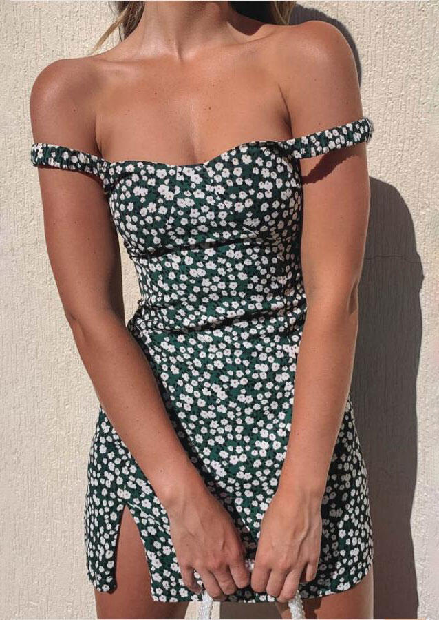

Floral Slit Spaghetti Strap Bodycon Dress - Green, 501590
