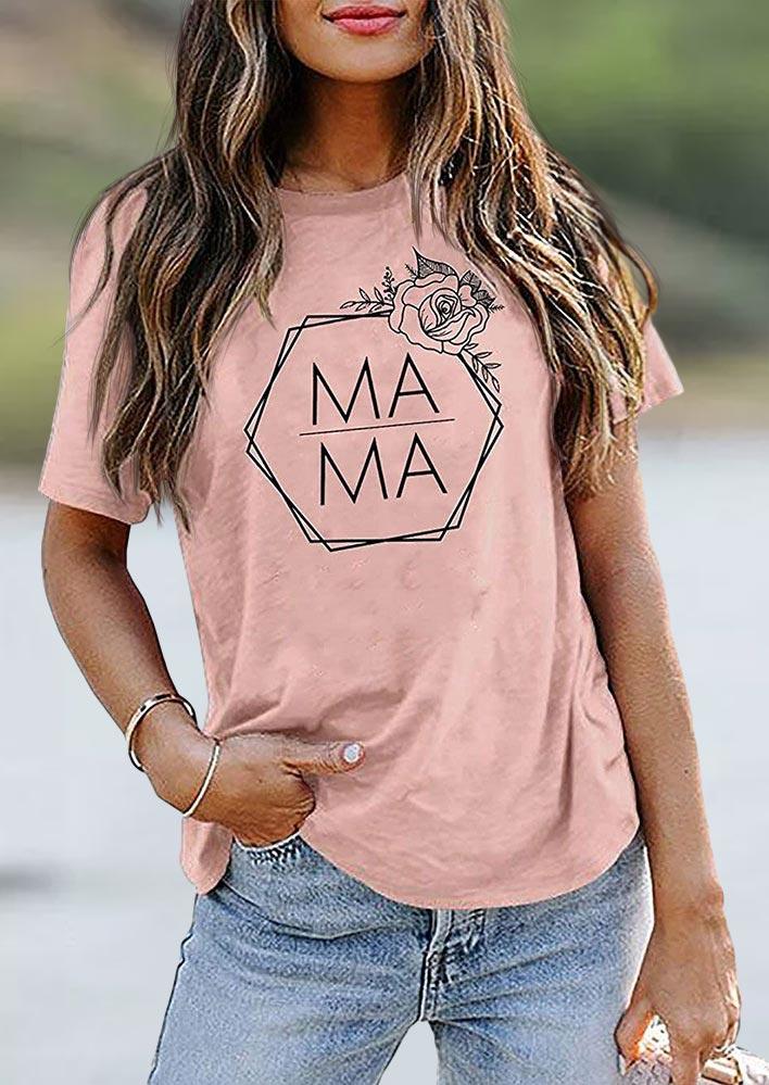Mama Floral O-Neck T-Shirt Tee - Pink