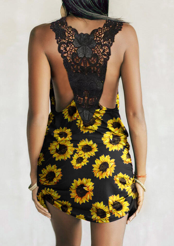 

Sunflower Lace Open Back Drawstring Mini Dress - Black, 501828