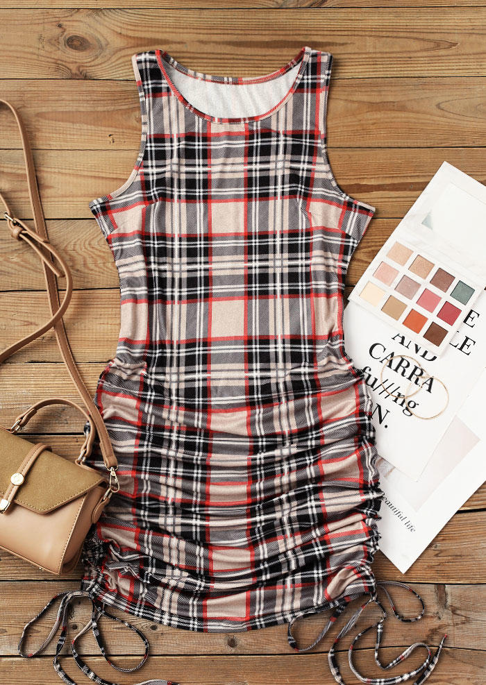 Plaid Drawstring Sleeveless O-Neck Bodycon Dress