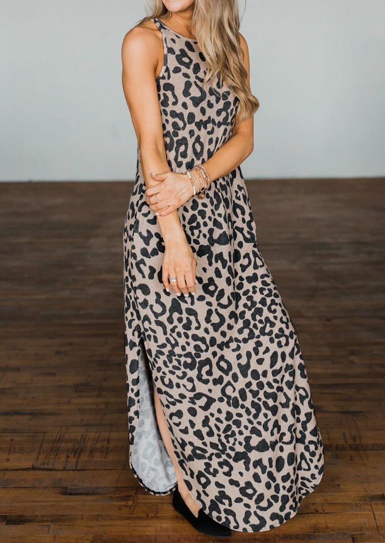 

Leopard Slit Sleeveless O-Neck Maxi Dress, 501631