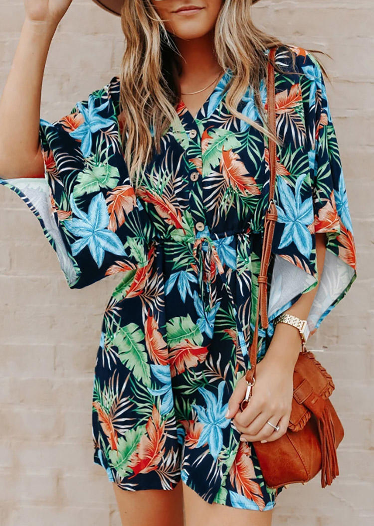 Palm Leaf Button Drawstring Mini Dress