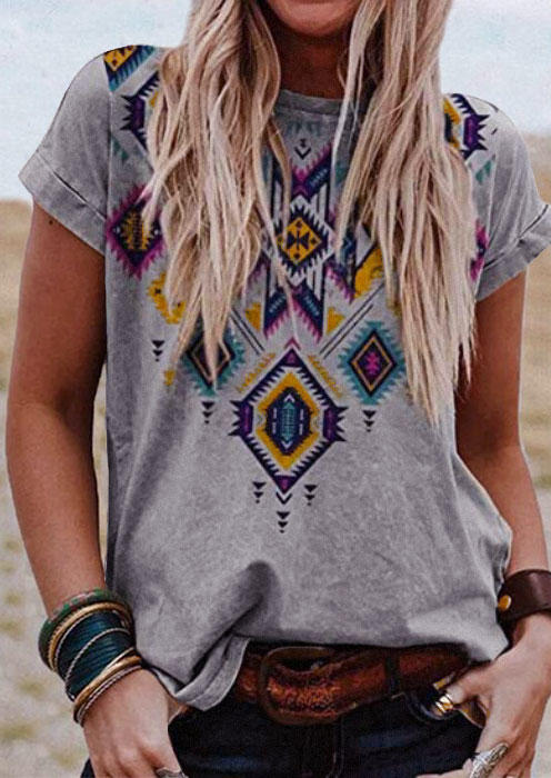 

Aztec Geometric Western O-Neck Blouse - Gray, 501877
