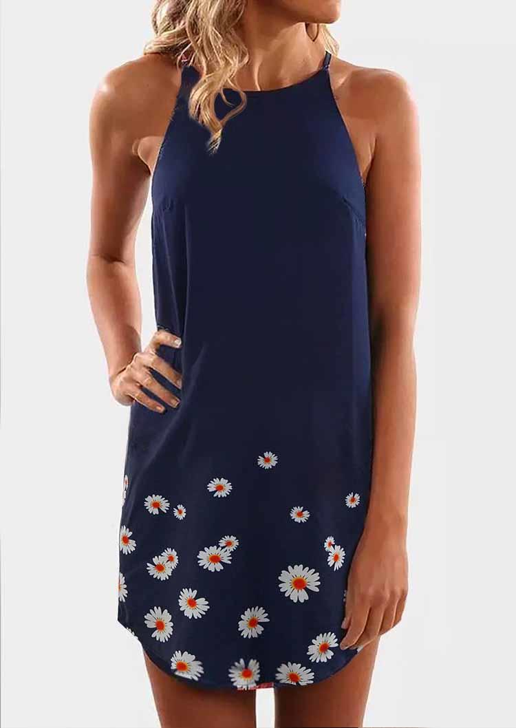 

Daisy Halter Sleeveless Mini Dress - Navy Blue, 501572