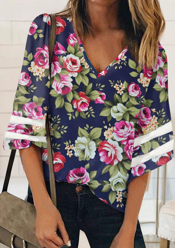 

Floral Mesh Splicing V-Neck Blouse, Multicolor, 501601