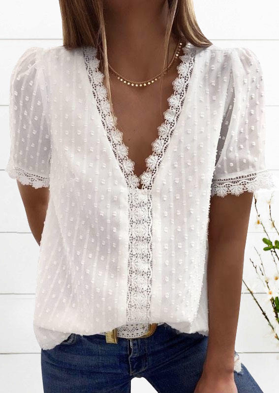 

Lace Dotted Swiss V-Neck Blouse - White, 501668