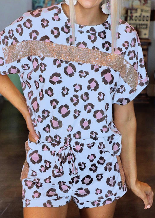 

Leopard Sequined Splicing Blouse And Drawstring Shorts Two-Piece Set, 501843