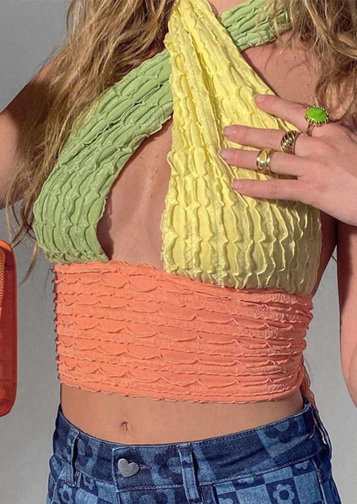 

Color Block Ruffled Halter Sleeveless Crop Top, Multicolor, 502147