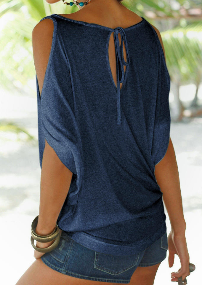 You Had Me At Day Drinking Cold Shoulder Blouse - Navy Blue