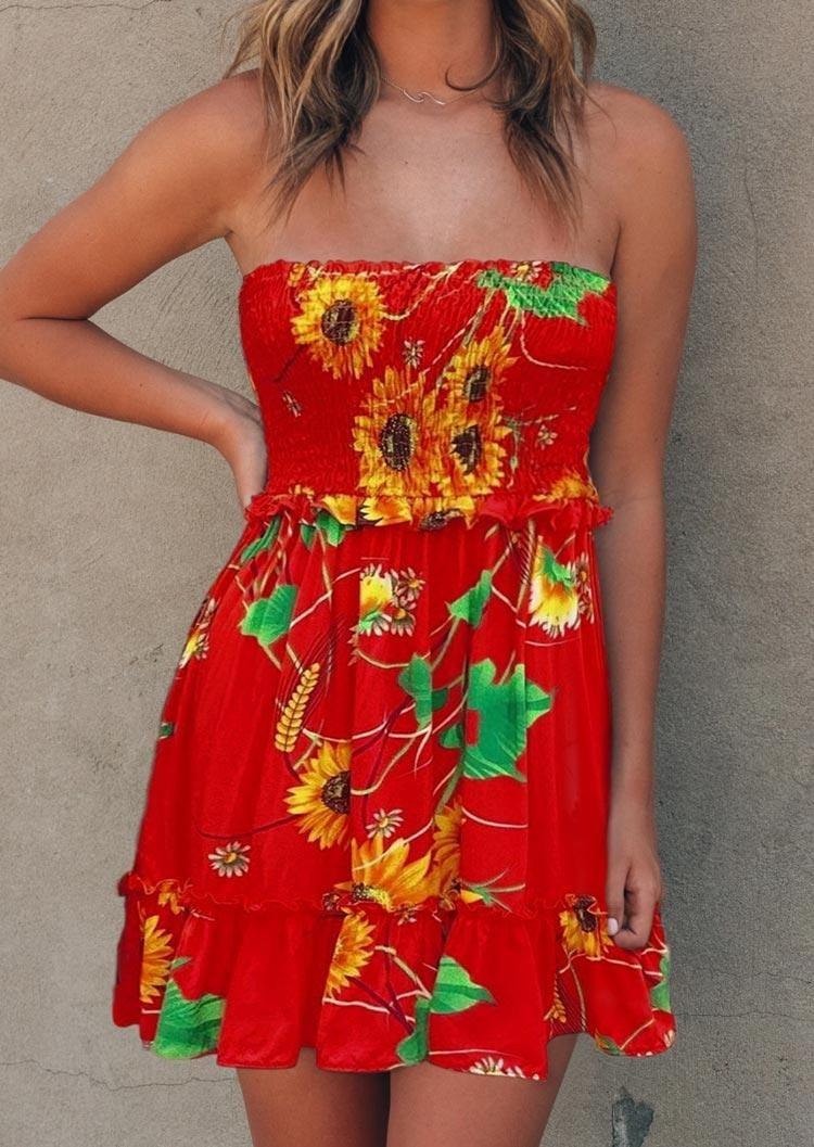 

Sunflower Ruffled Elastic Waist Strapless Mini Dress - Red, 500969