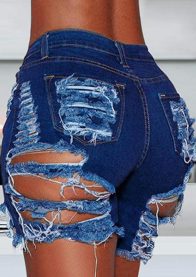 

Ripped Hole Pocket Frayed Hem Denim Shorts - Deep Blue, 501491
