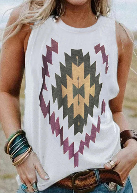 

Vintage Aztec Geometric O-Neck Tank - White, 501614