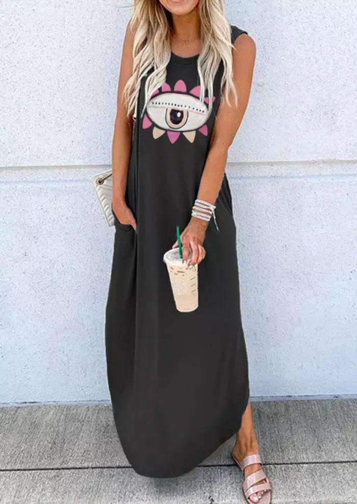 

Evil Eye Pocket Sleeveless Maxi Dress - Black, 501639