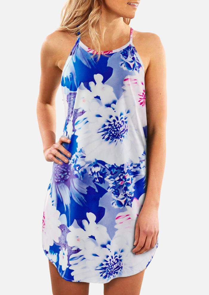 

Floral Halter Sleeveless Asymmetric Mini Dress - Blue, 501855
