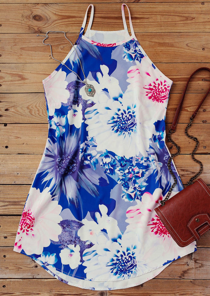 Floral Halter Sleeveless Asymmetric Mini Dress - Blue