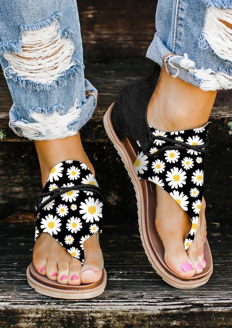 

Women Summer Daisy Zipper Flat Sandals - Black, 501870