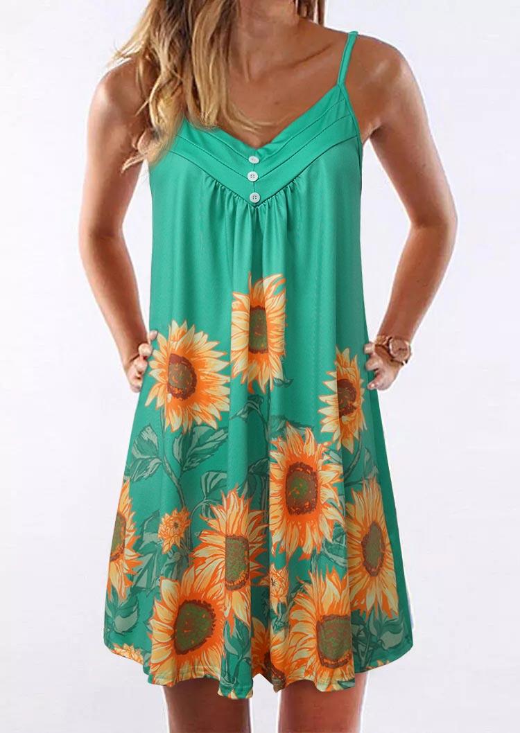 

Sunflower Button Ruffled Spaghetti Strap Mini Dress - Green, 501891