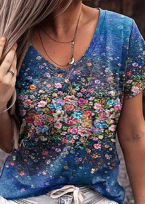 

Floral Oil Painting V-Neck Casual Blouse, Multicolor, 502068