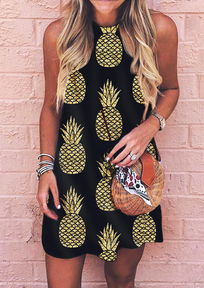 

Pineapple O-Neck Sleeveless Mini Dress - Black, 502070
