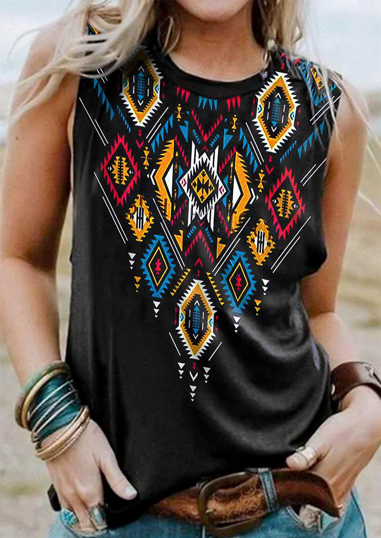 

Aztec Geometric O-Neck Tank - Black, 502075