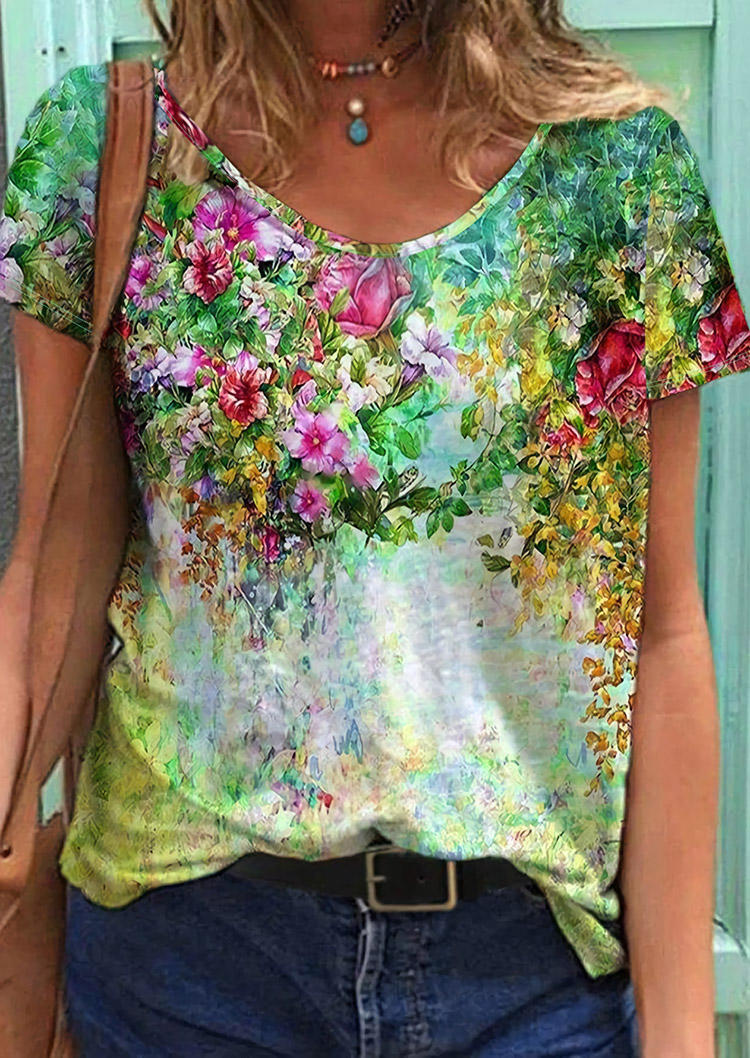 

Colorful Floral Oil Painting O-Neck Blouse, Multicolor, 502118