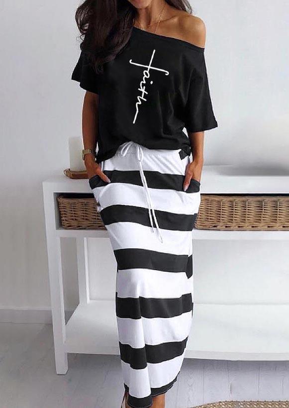 

Faith Cross Blouse And Striped Drawstring Pocket Long Skirt Outfit - Black, 502192