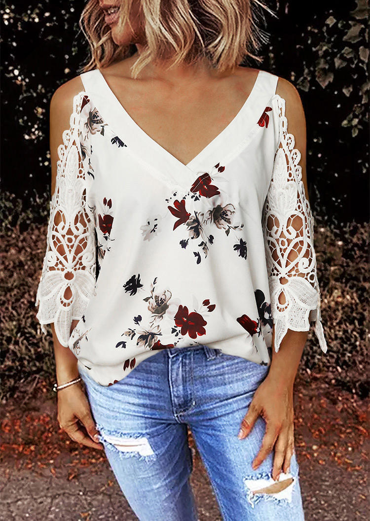 Floral Lace Splicing Cold Shoulder V-Neck Blouse - White, 497297
