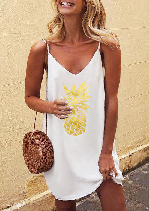 

Pineapple V-Neck Spaghetti Strap Mini Dress - White, 500944