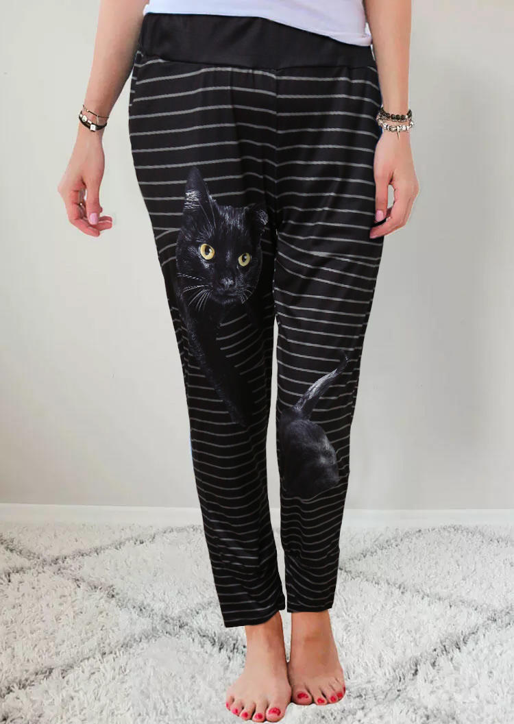 

Striped Cat Elastic Waist Pants - Black, 501947