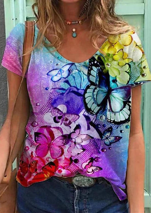 

Colorful Butterfly Short Sleeve Blouse, Multicolor, 502054