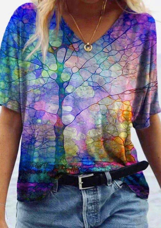 

Colorful Tree Oil Painting V-Neck Blouse, Multicolor, 502060