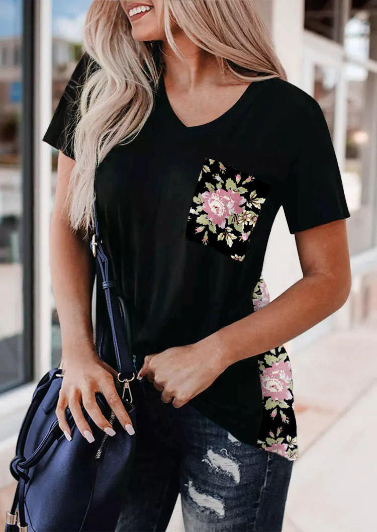 

Floral Pocket V-Neck Blouse - Black, 502138