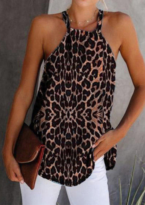 

Leopard Halter Tie Casual Tank, 502161