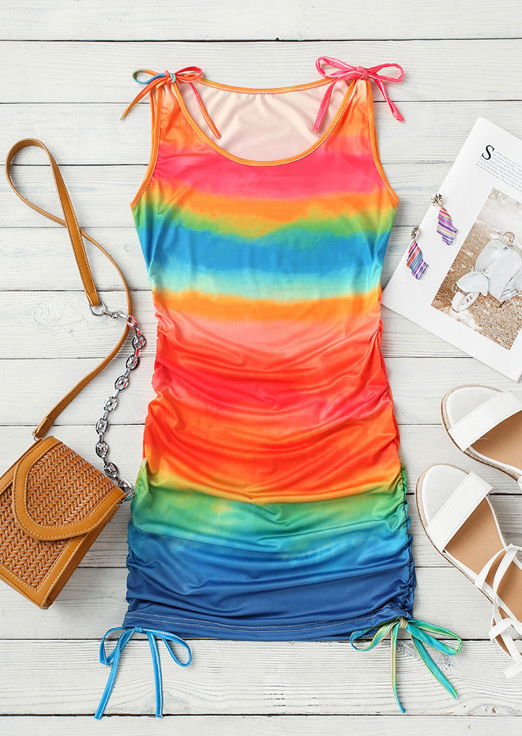 Rainbow Gradient Tie Dye Drawstring Ruched Bodycon Dress