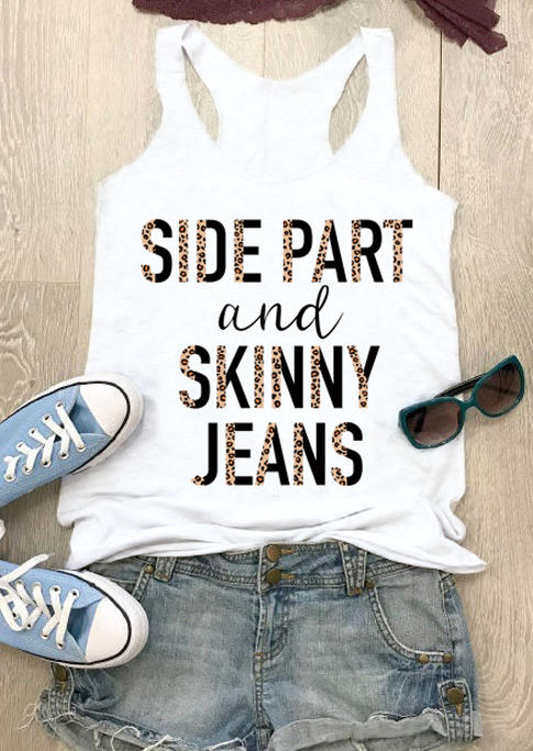 

Side Part And Skinny Jeans Leopard Racerback Tank - White, 502284