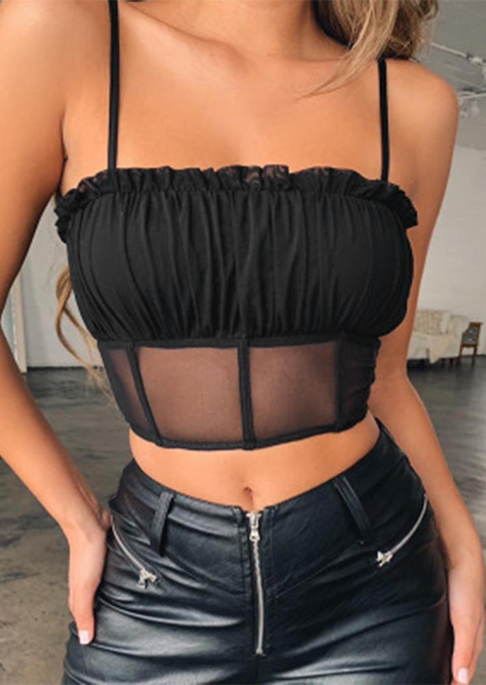 

Ruffled Mesh Splicing Spaghetti Strap Crop Top - Black, 502322