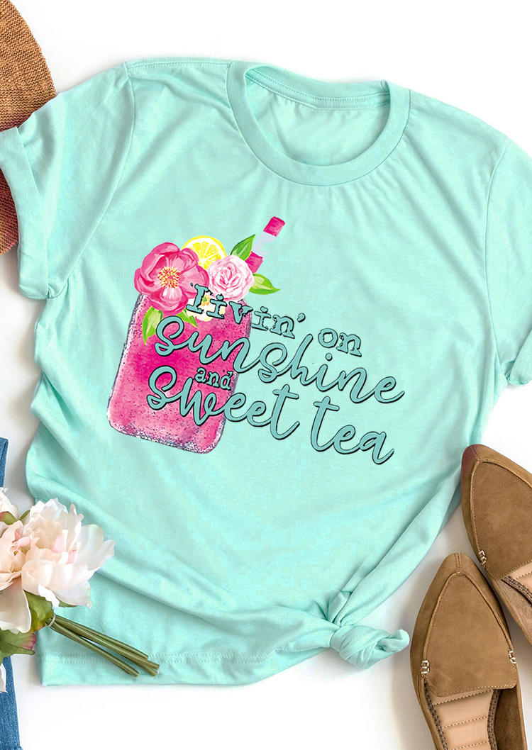 

Livin'on Sunshine And Sweet Tea Floral T-Shirt Tee - Light Green, 500654