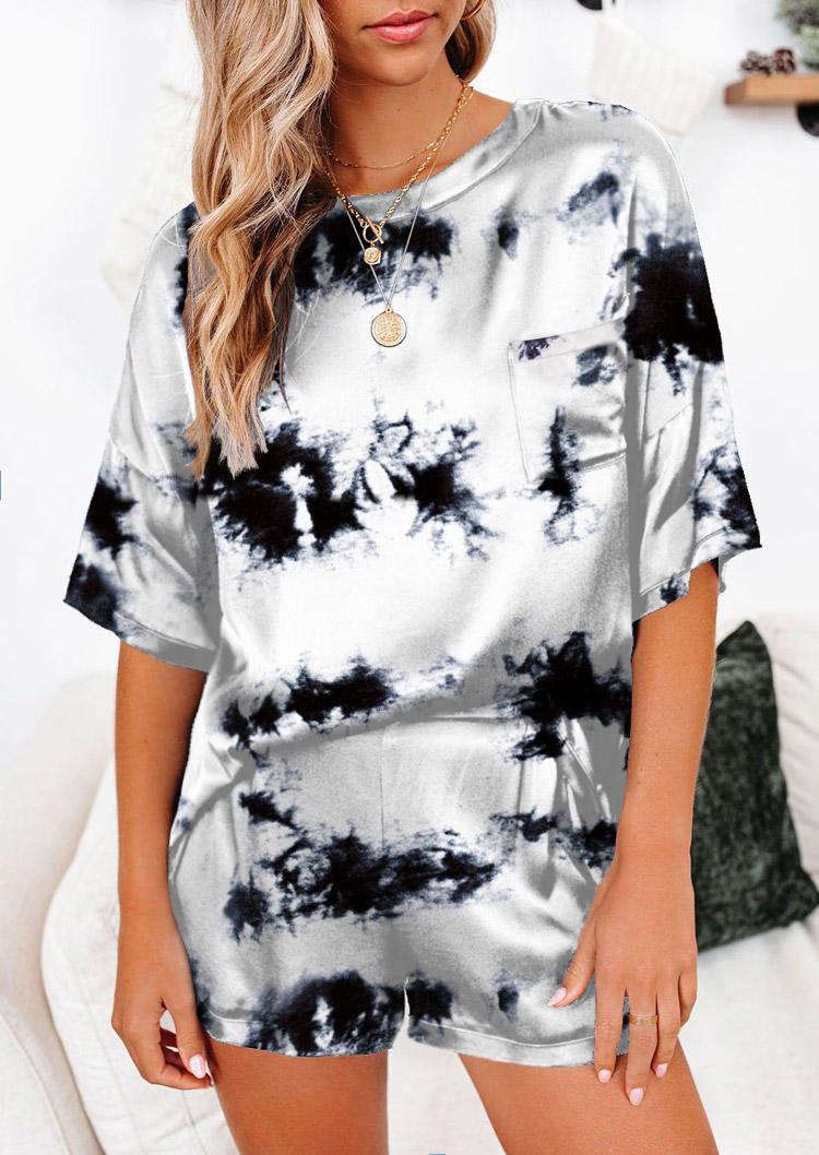 

Tie Dye Pocket Blouse And Elastic Waist Shorts Two-Piece Set, White, 501331