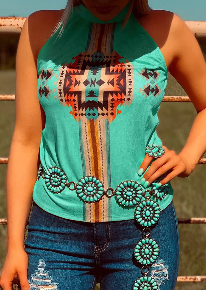 

Western Aztec Geometric Halter Tank - Cyan, 501446