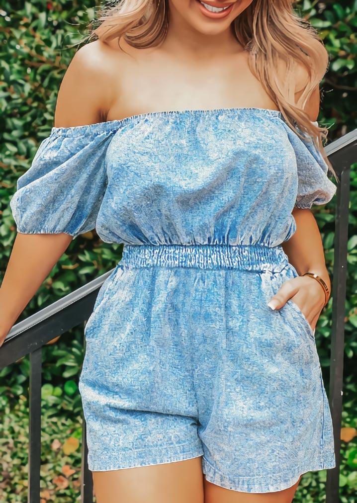 

Off Shoulder Elastic Waist Pocket Romper - Light Blue, 501708